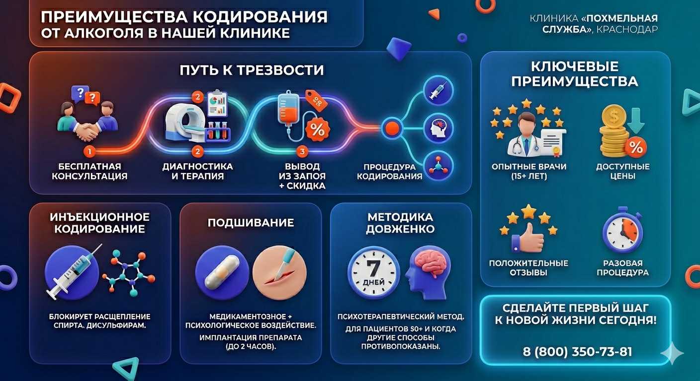 Инфографика о методах кодирования от алкоголя в Икряном: инъекции, подшивание, метод Довженко. Преимущества клиники и этапы лечения.