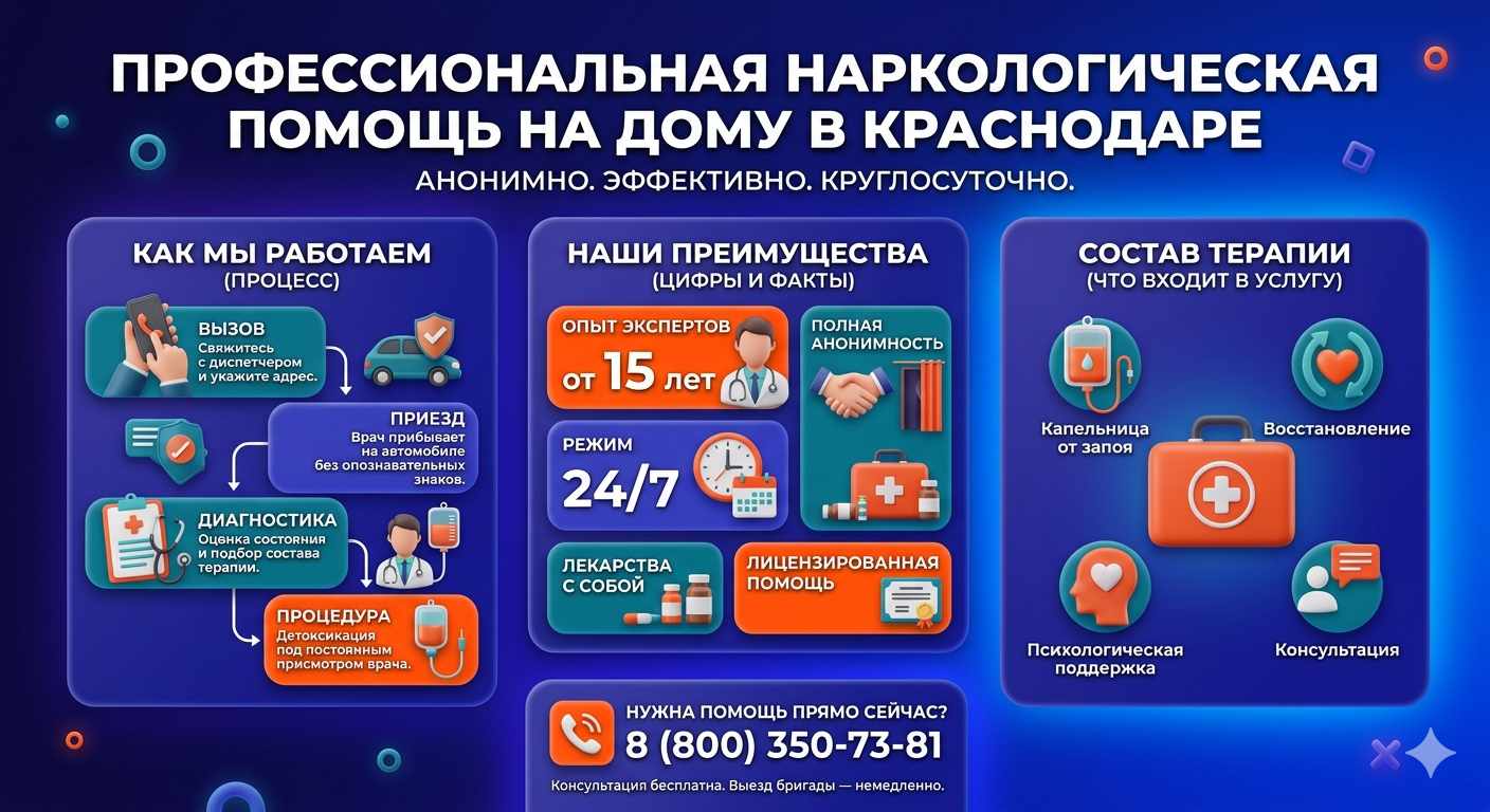 Инфографика о принципах лечения алкоголизма на дому в Икряном: этапы вызова нарколога, преимущества анонимной детоксикации и состав медицинской помощи.